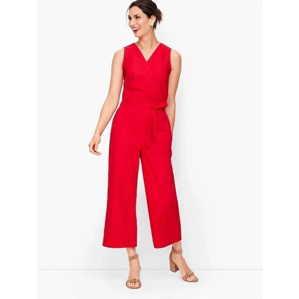Talbots Size 16 Belted Waist Sleeveless Jumpsuit Red Wide Leg Modern Classic